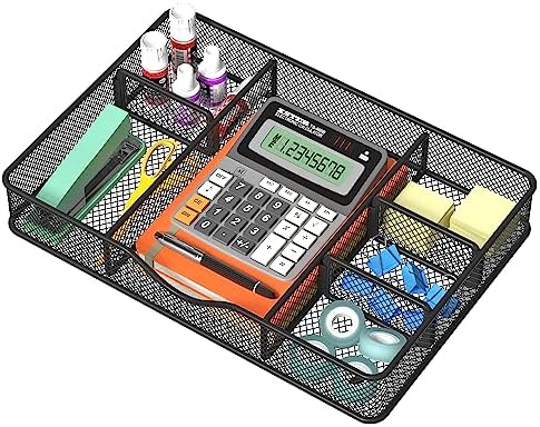 VyGrow Desk Drawer Organizer, Metal Mesh Drawer Organizer Tray with 6 Adjustable Compartment, Tray Organizer for Desktop, Kitchen, Bathroom, Makeup, Vanity - 14.5x8.8x1.96 inch, Black, 1PC Large