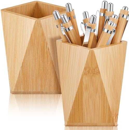 Henoyso 2 Pcs Bamboo Pen Holder Geometric Pencil Cup Stand Makeup Organizer