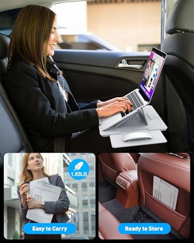 AboveTEK Adjustable Laptop Lap Desk, 3 Ergonomic Angles, PU Leather Non-Slip Surface, Heat Shield, Retractable Mouse Pad, Portable Laptop Lap pad for Bed, Sofa, Travel (Light Gray)