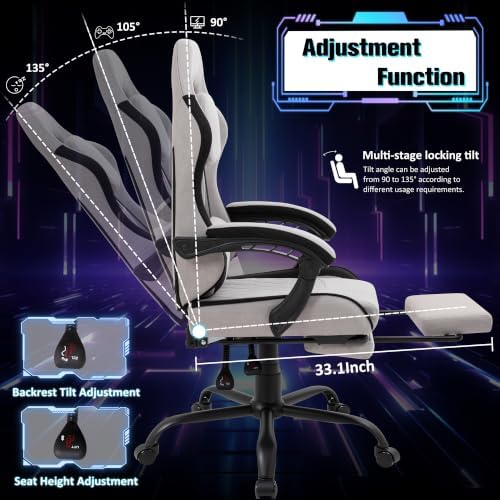 Gaming Chair with Footrest, Ergonomic Fabric Desk Chair, Grey