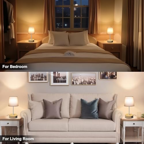 Ascher Small Bedside Table lamp Set of 2, RGB Color Changing Lamps, 3 Color Temperatures, Stepless Dimmable, Nightstand Lamp with USB C+A Ports for Bedroom Living Room, (Grey Shade, Wood Grain Base)