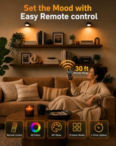 RGB Wall Sconces, Rechargeable Magnetic Lights with Remote, 2 Pack