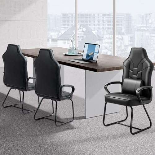 Leather Office Guest Chair No Wheels High Back Computer Reception Chairs with Padded Arms Waist Pillow for Meeting Gaming Conference Waiting Room, Black