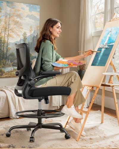 Marsail Drafting Chair, Tall Office Chair with 2D Lumbar Support, Standing Desk Chair with Padded Flip-Up Armrests & Adjustable Footrest Ring, Black,Pack of 5