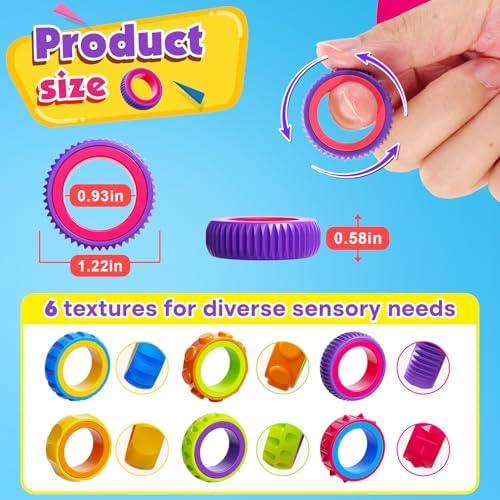 Fidget Toys Kids Sensory Rings: 24 Pack Texture Finger Spinner- Quiet Fidgets for Classroom Prizes - Sensory Toys for Autism Stress Relief - Bulk Party Favors Goodie Bag Stuffers for Kids