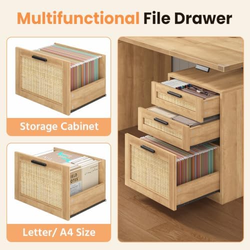 60" Rattan Electric Standing Desk with Drawers for Home Office, Oak