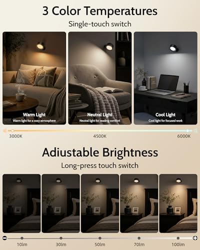 Rechargeable Wall Sconces with Remote, Magnetic Wall Lights, Black