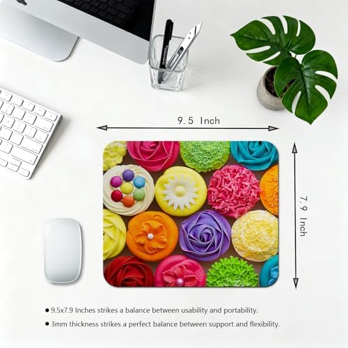 9.5x7.9 Inch Office/Gaming Mouse Pad, Vibrant Rainbow Cupcakes Colorful Sweet Dessert, Cute Anti-Slip Mat for Desk Decor