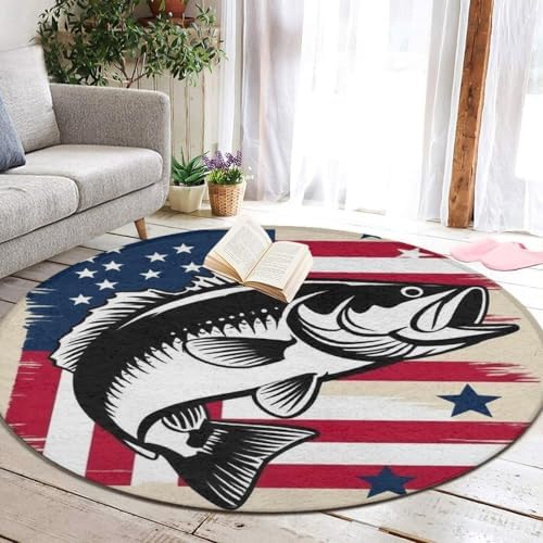 Large Home Decor Mat, Soft Round Yoga Carpet, Non Slip Machine Washable Home Office Circle Rug American Flag Camo Fish