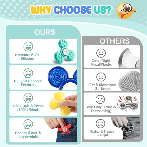 Silicone Sensory Fidget Spinner for Kids and Adults, Quiet Textured Fidget Toys with Soft Silicone Surface, Sensory Toys 4 Pack, Calm Focus Toy for Classroom, Office and Travel
