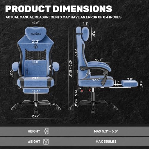 SUKIDA Fabric Video Gaming Chair, Ergonomic High-Back Computer Game Chairs with Large Massage Adjustable Lumbar Support, Headrest and Linked Armrests for Long Hours Sitting Task Chair, Black Blue