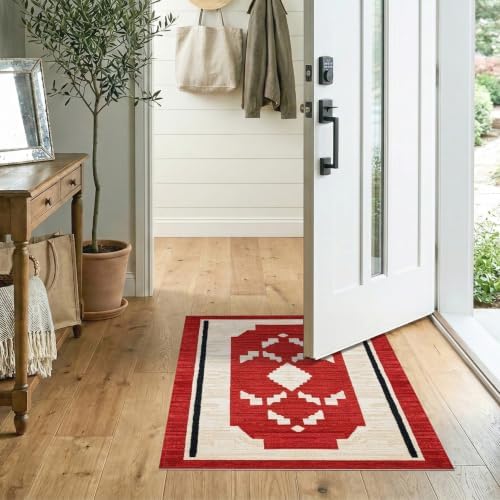 2'x3' Red Ivory Cat Crimson Boho Geometric Washable Accent Rug