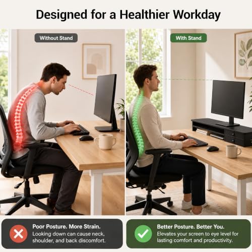 Dual Monitor Stand, 42.5 Inch Wood Monitor Riser with Drawers, 2 Tier Desktop Organizer for Computer Laptop TV, Large Screen Stand for Home Office Desk