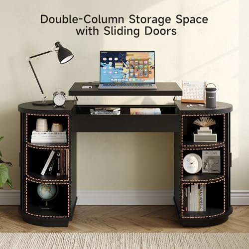 ONBRILL 59 Inches Office Desk with Lift Top, Fluted Executive Desk Black