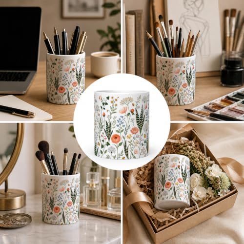 Pen Holder for Desk Ceramic Pencil Cup, Cute Makeup Brush Desk Organizer, Desk Accessories, School Supplies, Teacher Appreciation Gifts, Birthday Christmas Gift for Women (Green plants)