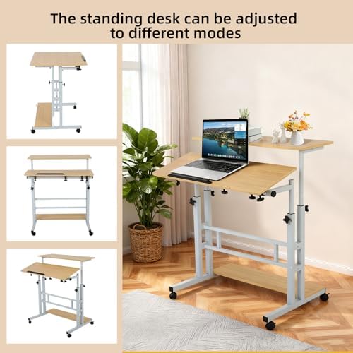FAHKNS Small Standing Desk, Portable Stand Up Desk with Wheels, Adjustable Height Computer Desk for Home Reading Desk and Office Work