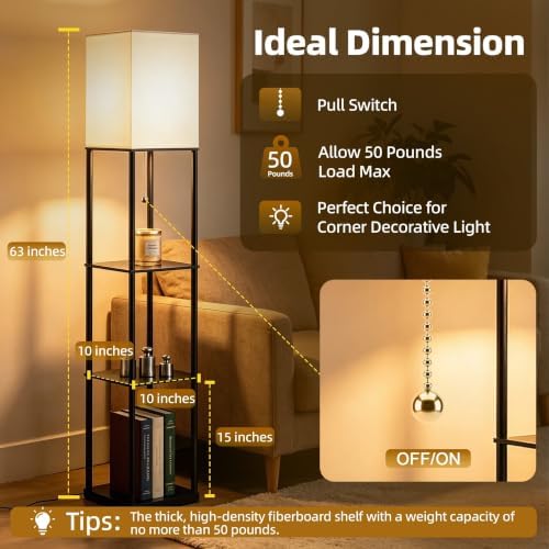 Floor Lamp with Shelves for Living Room, 3-Tier Corner Shelf Lamp