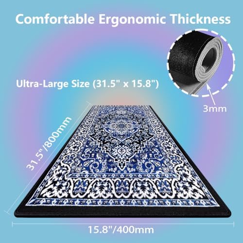 Vintage Oriental Persian Floral Large Mouse Pad, Blue White Black Desk Mat