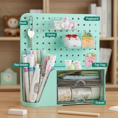 Comix Desk Organizer with 2 Drawer, Green 360° Rotating Pen Holder for Desk