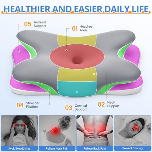 Cervical Neck Pillow, Ergonomic Memory Foam Pillows for Neck Pain Relief with Breathable Pillowcase, Adjustable Contour Neck Support Pillow for Side Back Stomach Sleepers, Gray