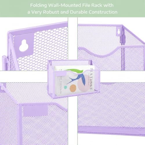 3 Packs 1 Tier A4 Mesh in Tray Hanging Wall File Holder Magazine Document Holder Mail Organiser Magazine Storage Rack,Durable Metal Mesh Filing Storage, Purple