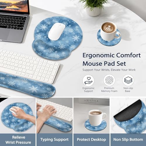 Snowflakes Ergonomic Memory Foam Wrist Rest Set for Keyboard and Mouse,Winter Christmas Supportive Mouse Pad with Non Slip Base for Office Work and Gaming