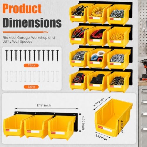 12pc Wall-Mounted Storage Organizer Set with Metal Rails Yellow