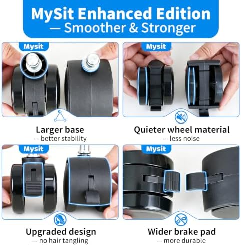 MySit 11x22mm Office Chair Caster with Brake for Hardwood Floors Set of 5