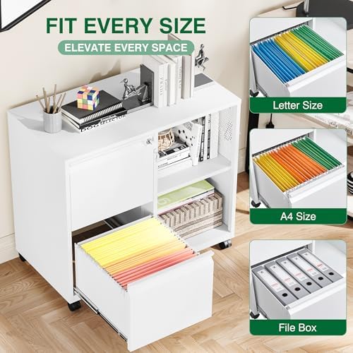 Metal 2 Drawer File Cabinet with Side Hook, Lockable Lateral Filing Cabinet for Letter/A4/Legal Size Files,Rolling Printer Stand with Adjustable Shelf & Lockable Wheelss for Home Office(White)