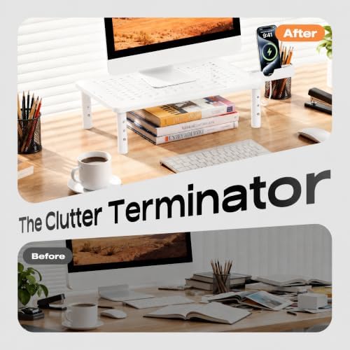 Computer Monitor Stand Riser for Desk, 3 Height Adjustable PC Laptop TV Desktop Monitor Stand Shelf, Metal Printer Table with Phone Holder, Stand Riser for Desk, Office Desk Organizers and Accessories, White 2 Pack