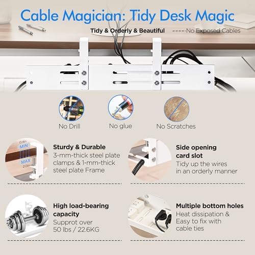 No Drill Under Desk Cable Management Tray, 17”-30” Retractable Cord Organizer for Table, Clamp Mount Wire Basket, Power Strip Holder & Metal Cord Organizer for Office, Home, White
