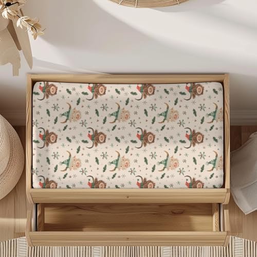 Christmas Highland Cow Winter Holiday Snowflakes Pattern Baby Changing Pad Cover, Unisex Christmas Nursery Diaper Changing Table Pad Mat Sheet for Boys Girls-16x32