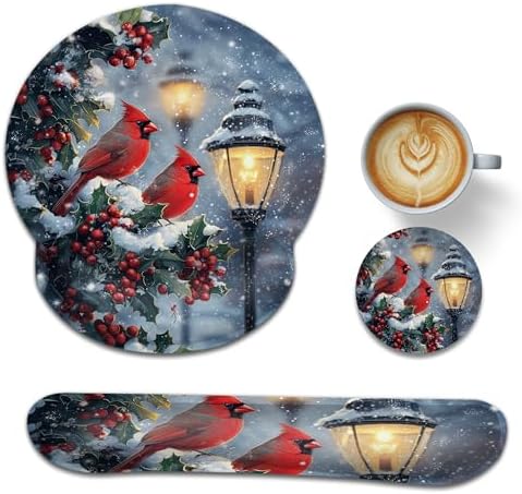 Cardinal Wrist Rest Mouse Pad and Keyboard Support Set,Berry Christmas 3 in 1 Ergonomic Memory Foam Mousepad with Non Slip Base, Gaming Mouse Pad for Office and Home