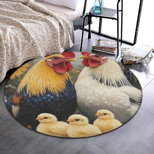 Large Round Area Rug Home Decor Modern Bathroom Rug Kitchen Office Circle Rug for Living Room Sofa Circle Cute Mat Chicken Rooster Garden Flowers Painting, 24inch