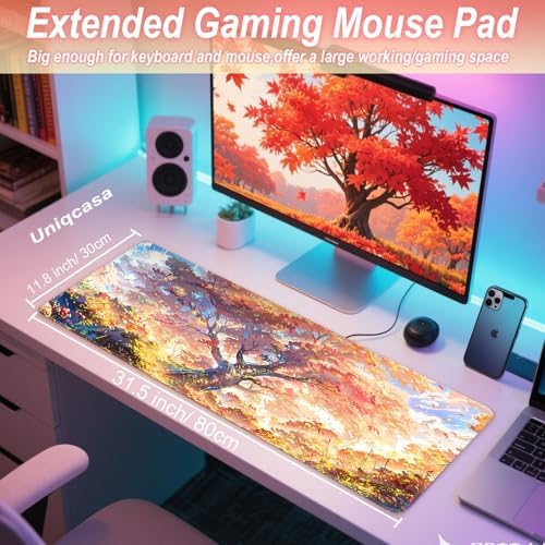 Gaming Mouse Pad 31.5x11.8 inch XL Large Extended Mouse Pad, Big Mousepad Desk Mat for Computer with Non-Slip Rubber Base and Stitched Edge-Maple Leaves