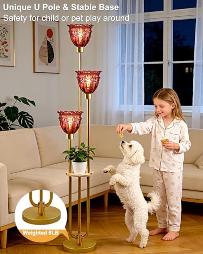 Lightdot Glass Floor Lamp with Shelf Red Glass Flower Gold Floor Lamps