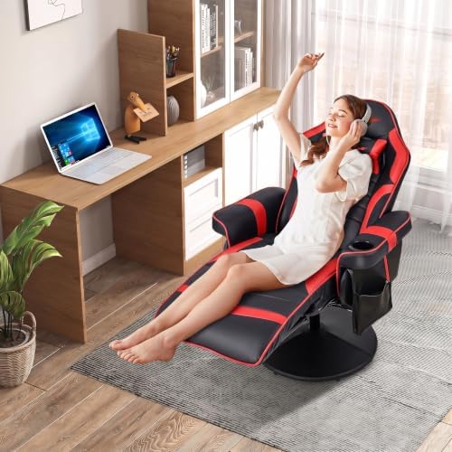POWERSTONE Gaming Recliner, PU Massage Gaming Chair with Footrest, Cup Holder, Headrest and Side Pouch, Adjustable Single Sofa Living Room Chair(Red)