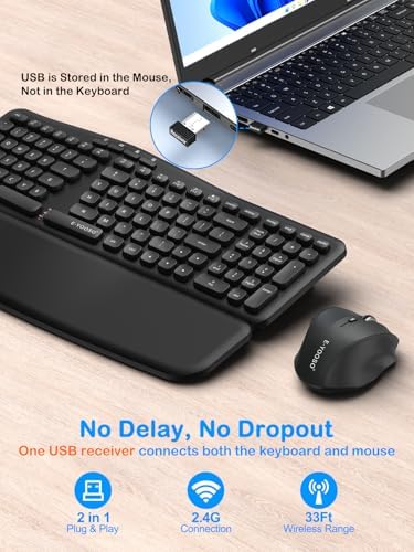 E-YOOSO Ergonomic Wireless Keyboard and Mouse Combo, Split Design with Detachable Wrist Rest, 2.4G Full Size Ergo Computer Keyboard Set for Programmers/Office, Compatible with Windows/Mac/PC/Laptop