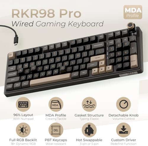 RK ROYAL KLUDGE R98 Pro Wired Mechanical Keyboard, RGB PC Gaming Keyboard with Number Pad and Volume Knob, Gasket Mount, MDA Profile PBT Keycaps, for Win/Mac, Hot Swappable Tactile Beige Switch