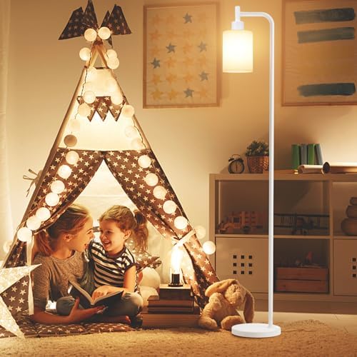 Ziisee Floor Lamps for Living Room - Industrial Standing Lamp with Glass Shade, Modern White Floor Lamp with LED Bulbs, Farmhouse Floor Lamp for Bedroom, Tall Lamp for Office - White