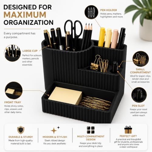Desk Organizer with Multiple Compartments, Desktop Organizer for Office Supplies, Pens, Pencils, Markers, Scissors, Sticky Notes & Paper Clips, Modern Desk Storage for Home Office, School & Dorm