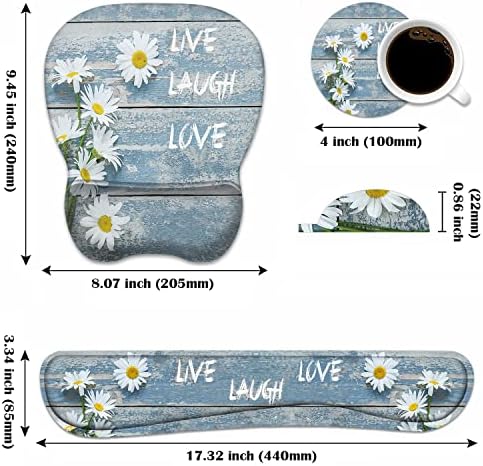 Mouse Pad Wrist Support and Keyboard Wrist Rest Set with Coasters, Dreamy Daisy Vintage Wood Board Live Love Laugh with Non-Slip PU Base Ergonomic Mousepad for Home Office Working Studying