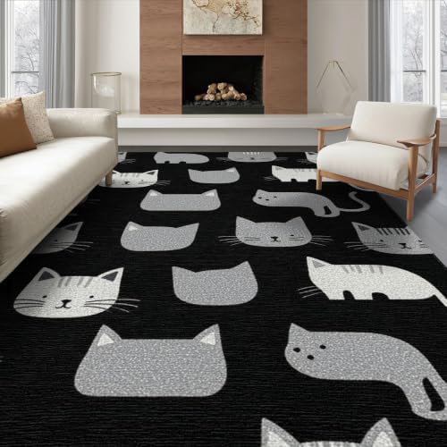 8'x10' Midnight Black Cat with Silver Accents Washable Area Rug