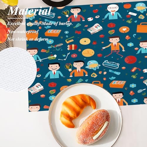 Shrahala Businessmen Items Work Set of 8 12 X 18 Inch Linen Placemats, Professional Office Illustration Burlap Table Mat Washable Double Layered Heat Insulation for Indoor/Outdoor