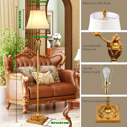 Traditional Floor Lamp with 350° Swing Arm,3 ColorTemperatures,Vintage Gold