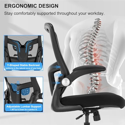 Drafting Chair, Ergonomic Tall Office Chair with Lumbar Support Standing Desk Stool with Flip-up Armrests Comfy High Office Desk Chair with Adjustable Foot Ring for Counter Height Desk, Black