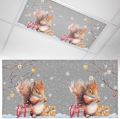1 Pcs Fluorescent Light Covers for Ceiling Lights,Xmas Squirrel Winter Snowflake,Magnetic Light Filters Drop Fluorescent Lights Shade for Office Christmas Ball Branch Gray