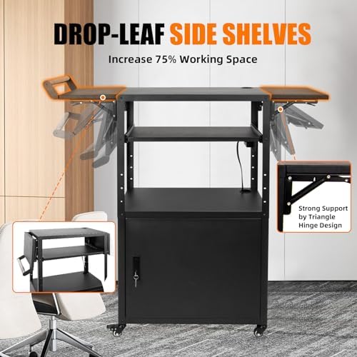 Large Mobile AV Cart with Locking Cabinet and Drop Leaves, Height Adjustable Steel AV Cart with Wheels and Power, Rolling Computer Cart with Pullout Keyboard Tray for Office, Warehouse &Classroom