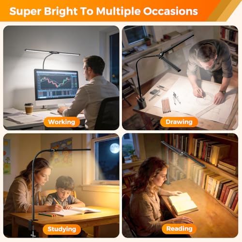 SKYLEO LED Desk Lamp with Clamp - Double Head Desk Light with Remote and Touch - Eye Protection - 12 W, 5 Color Modes, Timer and Memory Function, Flexible Gooseneck - for Office, Reading - Black