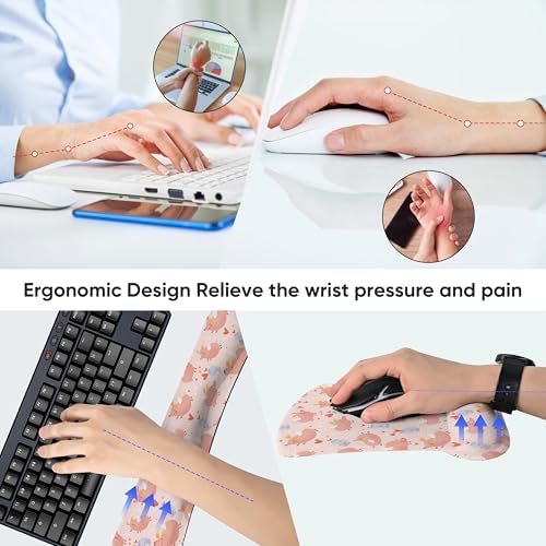 Ergonomic Memory Foam Keyboard Mouse Pad Set with Wrist Rest Support,Non-Slip Hand Wrist Cushion for Laptop/Notebook/Desktop/Computer/Gaming/Office,Easy Typing& Pain Relief (Pink Pig)